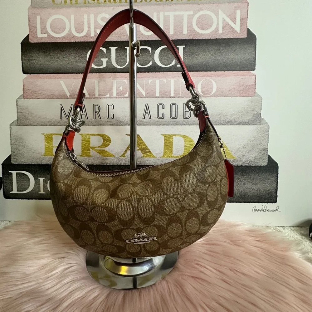 COACH PVC Signature/Leather Payton Shoulder Bag Khaki/Electric Red